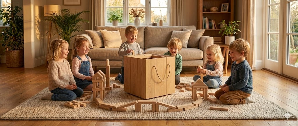 Kind bouwt hoge toren met houten stapelplankjes van Ayous hout